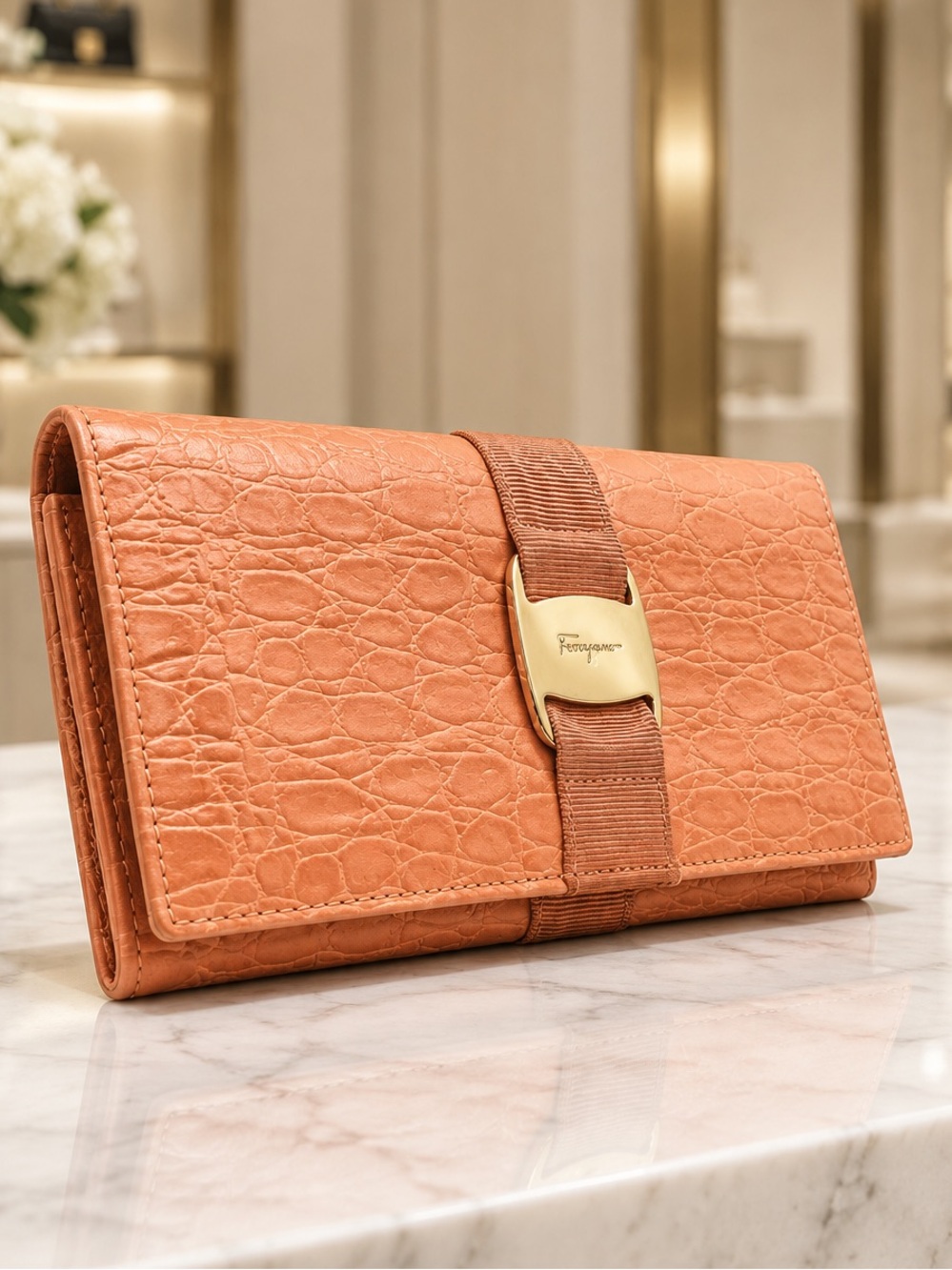 Salvatore Ferragamo Calf Croc Leather Bi-Fold Long Wallet in Orange
